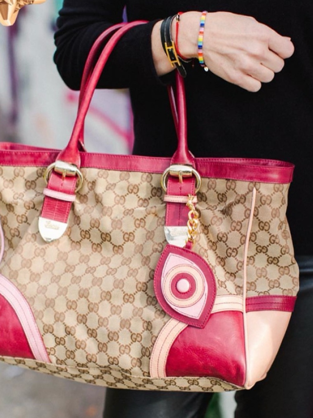 Gucci Beige GG Canvas Tote with Pink Leather Trim